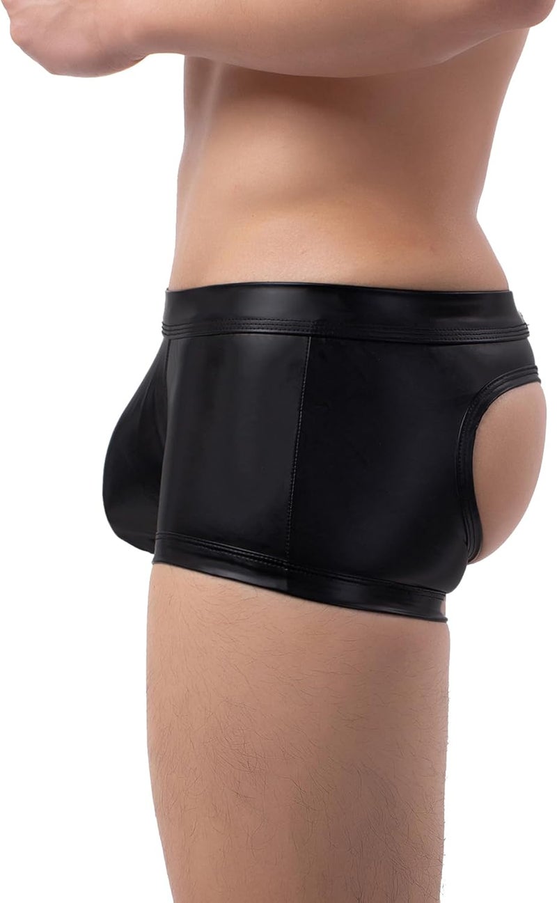 ohyeahlady Store Men's Faux Leather Boxer Briefs Black Soft Pouch Trunks Stretchy Plus Size Night Underwear Panties Club Wear - Image 1
